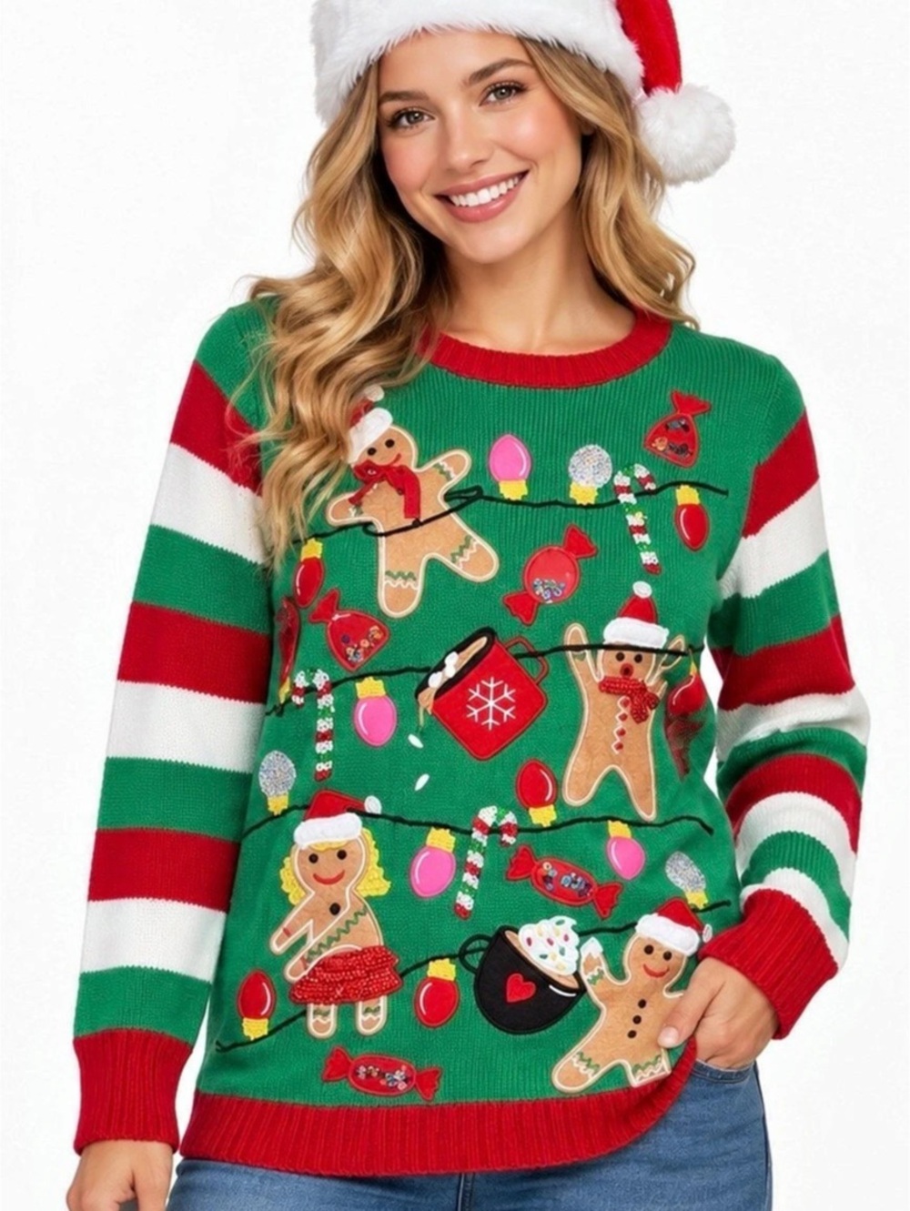 It’s Our Time Christmas Sweater Women’s M Gingerbread Sequin Ugly Holiday